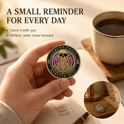 Vista 4 de Imasoner Memento Mori Coin Stoic Coin EDC Challenge Coin Stoicism Regalos para recordatorio Features Memento Vivere & Tempus Fugit, Inspirational