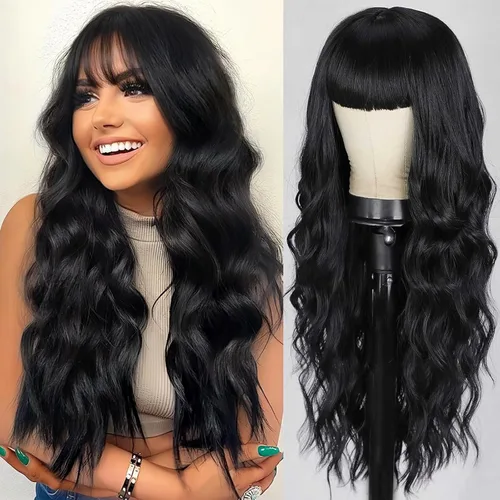 Vista 17 de Lativ Peluca castaña con flequillo para mujer, larga, ondulada, sintética Beginner Friendly,Natural Looking,Silky Smooth Texture,Heat Resistant