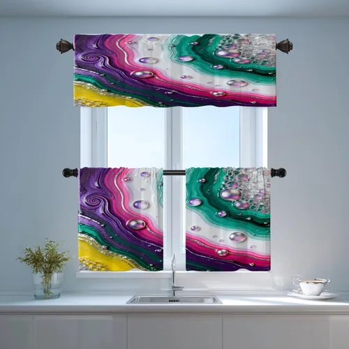 Vista 6 de Shrahala Blue Bright Blackout Curtain Tiers, Colorful Acrylic Paint Pour Abstract Design Kitchen Valance Light Blocking Tier Drapes with Rod Pocket