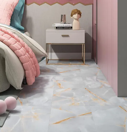 Vista 2 de FunStick Azulejos de mármol para baño, 12 x 12 pulgadas, vinilo adhesivo de color gris dorado, azulejos adhesivos para suelos de cocina, inquilinos