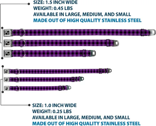 Vista 3 de Buckle-Down Collar de perro con hebilla de cinturón de seguridad, diseño a cuadros de búfalo, color negro/morado, 1 pulgada de ancho, se adapta a