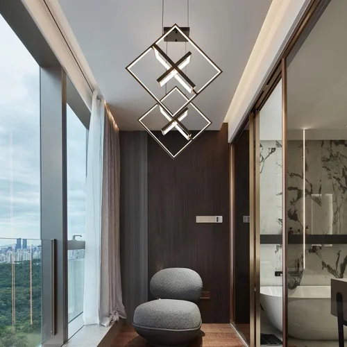 Vista 7 de Lámpara de araña LED moderna negra cuadrada, lámparas geométricas de araña LED, luz colgante regulable, lámpara de araña contemporánea creativa DIY