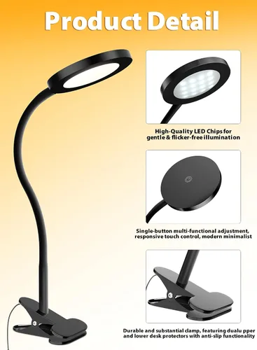 Vista 2 de Luz de lectura con clip negro, luz de libro de 450 LM, CRI95, 3 modos de atenuación continua CRI95 eye-caring LED provides natural lighting for