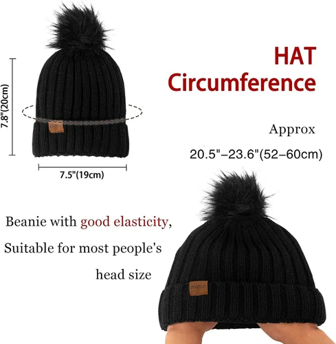 Vista 6 de ZOORON Gorro de invierno para mujer, de punto grueso, de piel sintética, pompón, gorro holgado