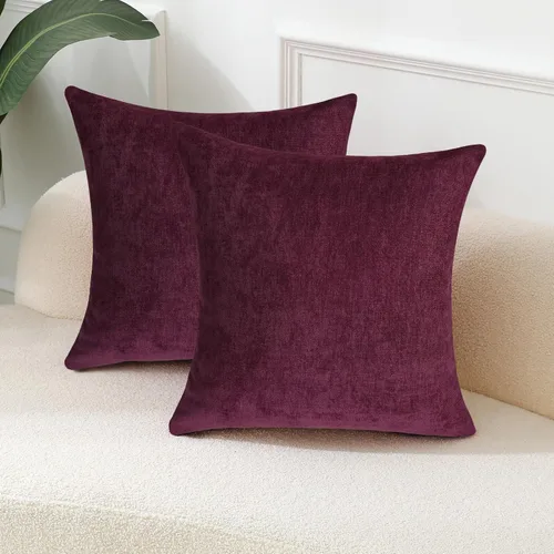 Vista 2 de Juego de 2 fundas de almohada decorativas de pana burdeos suaves y acogedoras, fundas de cojín cuadradas de chenilla para sofá, decoración de sala