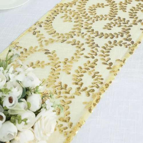 Vista 8 de Efavormart - Camino de mesa con lentejuelas bordadas de hojas doradas de 12 x 108 pulgadas Dorado