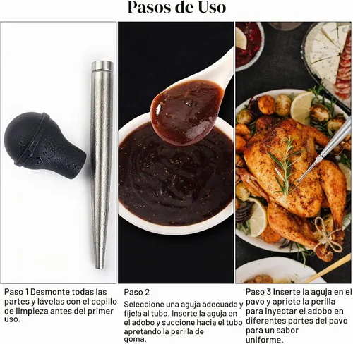 Vista 4 de Baster de Pavo para Cocinar, Inyector de Carne Grande de Acero Inoxidable, con Cepillo de Limpieza y 2 Agujas de Adobar, Negro