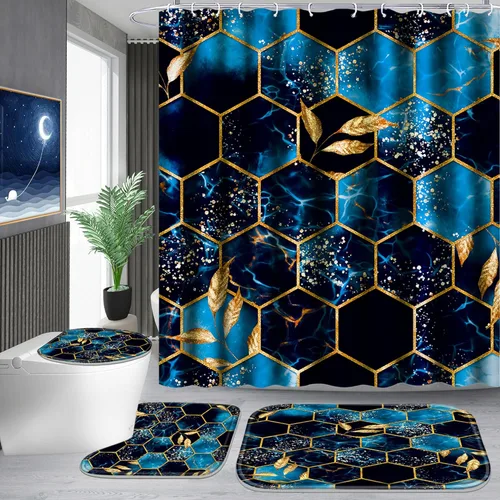 Vista 14 de Poedist Juego de 4 cortinas de ducha de baño, juegos de baño con alfombras (tapete de baño, forma de U y tapa de inodoro) y 12 ganchos, mármol