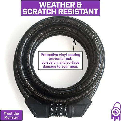Vista 4 de Monster Lock - Candado de cable de combinación reajustable de 6 pies - Acero trenzado de 0.512 in, revestimiento de vinilo resistente a