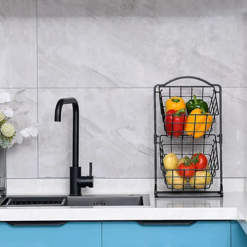 Vista 5 de Cesta de frutas de hierro de 2 niveles para encimera de cocina, pan, frutas y verduras, cesta de almacenamiento de alambre colgante para organizador