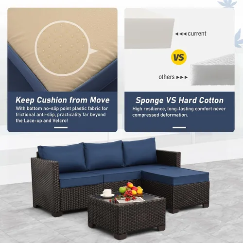 Vista 4 de Juego de muebles de patio de 3 piezas, juego de sofá modular para exteriores, muebles de mimbre para patio, sofá al aire libre, mesa auxiliar Azul