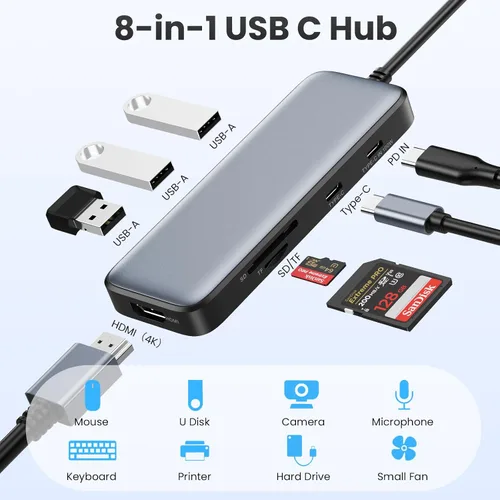 Vista 2 de Hub USB C, Adaptador Multipuerto USB C 8 en 1 con HDMI 4K, 100W PD, 3 Puertos de Datos USB-A, Hub USB Tipo C de Aleación de Aluminio para MacBook