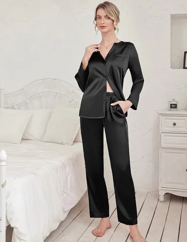 Vista 3 de Ekouaer Conjunto de pijama de satén para mujer, ropa de dormir de manga larga con botones y bolsillos