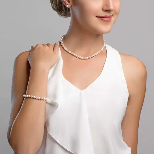 Vista 3 de The Pearl Source Juego de collar de perlas cultivadas Akoya de oro de 14 quilates de 6.5 a 0.276in de longitud de princesa para mujer, Perla, Perla