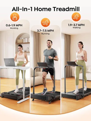 Vista 10 de Walking Pad Treadmill with 9% Incline & Dual LED Display, 4 in 1 Foldable Treadmill with Handle bar for Home/Office, 3.5HP Portable Under Desk