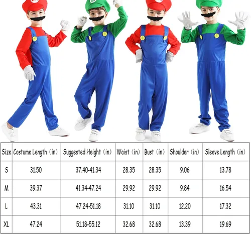 Vista 7 de Aoibox Disfraz de Super Brothers, overol de Halloween para niños con sombrero, bigote y guantes, fontanero M & L Cosplay