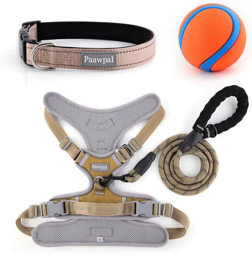 Vista 10 de Arnés ajustable para perro, sin tirones, reflectante, acolchado suave para perros pequeños, medianos y grandes, incluye correa y collar, beige, XS