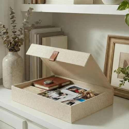 Vista 9 de ZICOTO Caja decorativa de almacenamiento de fotos con tapa, un hermoso organizador de lino perfecto para almacenar de forma segura tus fotos