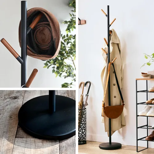 Vista 5 de Yamazaki Inicio Perchero independiente con ganchos de madera, ahorro de espacio de acero talla única negro