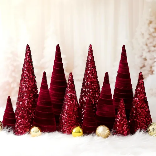 Vista 7 de Ireer 12 piezas Árboles de Navidad de terciopelo varios tamaños cono de terciopelo decoraciones modernas para interiores centro de mesa minimalista