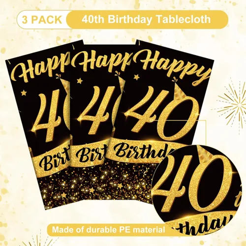 Vista 4 de Paquete de 3 manteles de plástico desechables para cumpleaños de 40 años, color negro y dorado Mantel rectangular impermeable para cumpleaños, 40