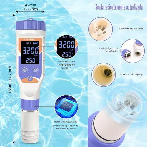 Vista 5 de Probador digital 7 en 1 de agua para piscinas: cloro, pH, sal, ORP, EC, TDS y medidor de temperatura para piscinas de agua salada, jacuzzis, spas