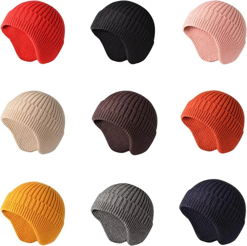 Vista 6 de POXIMI Gorro de punto para hombre, con orejera, para invierno, de lana, cálido, con calavera, con calentador de orejas