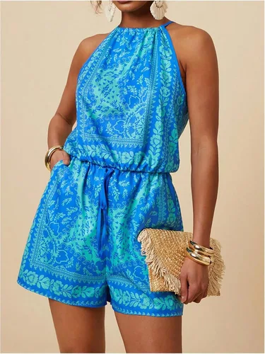 Vista 3 de SweatyRocks - Enterizo de una pieza con estampado integral, sin mangas, con cuello halter y bolsillo, de cintura alta para mujer azul (Tribal Blue)