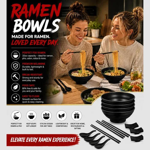 Vista 5 de Juego de Tazones Japoneses para Ramen de 32 oz – 20 Piezas de Tazones Pho de Melamina Negra con Palillos, Cucharas y Soportes – Vajilla para Fideos