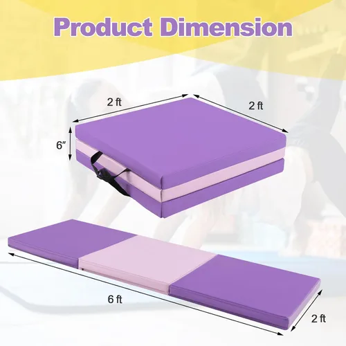 Vista 7 de Goplus Esterilla de Gimnasia Plegable, 6' x 2' x 2'' de Grosor Tri-Fold Esterilla de Ejercicio y Volteretas con Asas de Transporte, Cierre de Gancho