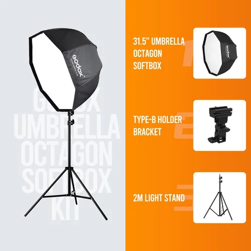 Vista 4 de Godox Photo Studio 80 cm 31.5 pulgadas Sombrilla octogonal portátil Softbox, soporte de trípode de 190 cm con soporte para zapata caliente