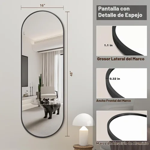 Vista 3 de Niccy - Espejo ovalado de longitud completa de 48"×16", espejo largo de pared con marco de aluminio, espejos grandes para sala de estar, espejo Negro