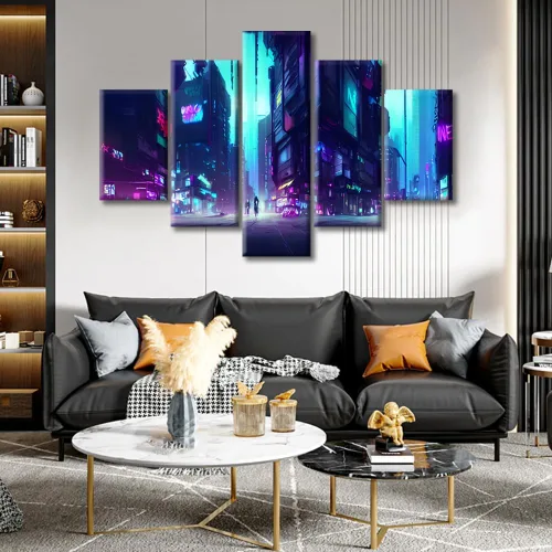 Vista 68 de Cuadros de 5 paneles de Cyberpunk City, arte de pared, representación de vallas publicitarias, edificios modernos en la capital con obras de arte