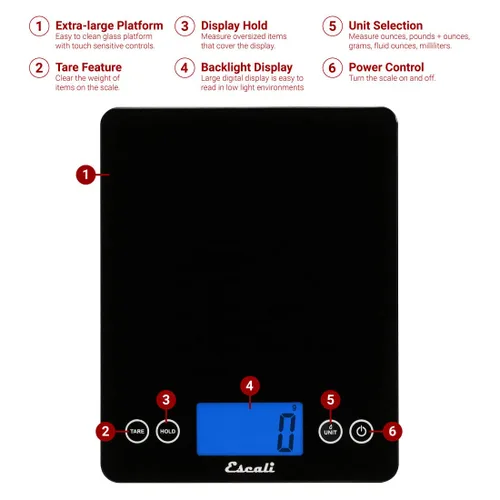 Vista 2 de Escali 2210IB ArtiXL Báscula de Cocina Digital de Vidrio Extra-Grande con Pantalla LCD, Mide Ingredientes Líquidos y Secos, Función de Tara