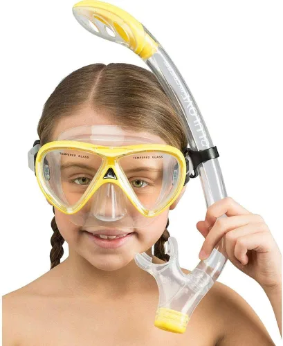 Vista 4 de Cressi Juego de silicona para snorkel (máscara y snorkel) para niños de 5 a 15 años - Pegaso & Iguana: diseñado en Italia Transparente/Amarillo