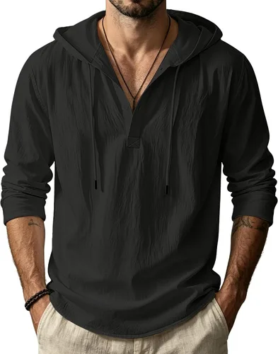 Vista 9 de Sudaderas con capucha de lino y algodón para hombre, estilo casual, manga larga, con botones, ligeras, informales, hawaianas, para la playa