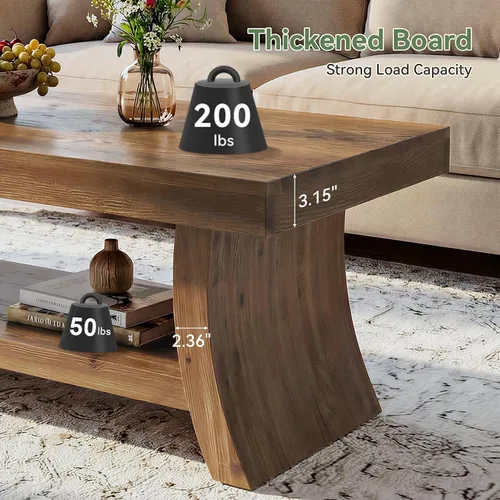 Vista 8 de Mesa de centro de granja con estante de almacenamiento, mesas de centro modernas de madera maciza de mediados de siglo con base curvada, mesa