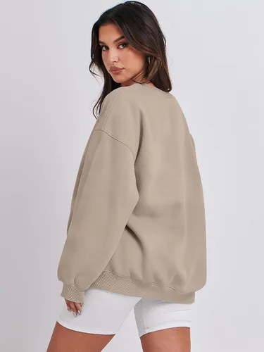 Vista 3 de Caracilia Sudaderas con capucha de forro polar de gran tamaño para mujer, cuello redondo, manga larga, suéter de moda de otoño 2024