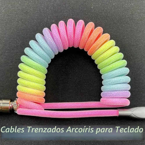 Vista 5 de Cables de teclado trenzados de 1.5 m en espiral tipo C a USB A con conector de aviador desmontable. Para teclado de juegos/tableta (arcoíris)