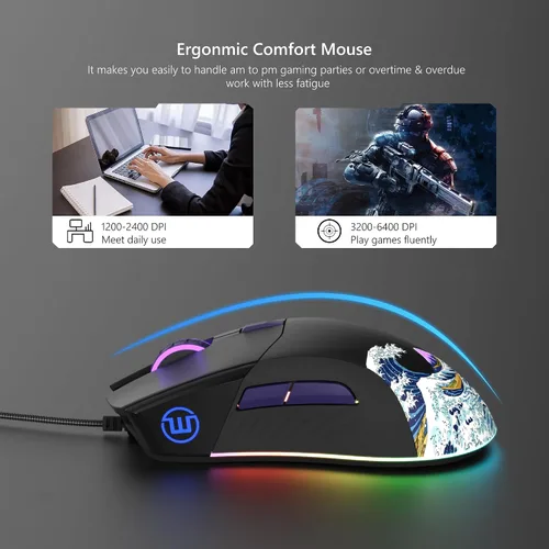 Vista 5 de Womier Ratón para juegos con cable, mouse de anime RGB negro con computadora ergonómica 12000DPI/6 botones programables botones programables