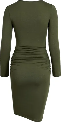 Vista 2 de Missufe - Vestido casual ajustado de manga larga para mujer fruncido vestido de verano hasta la rodilla ajustado tipo bodycon
