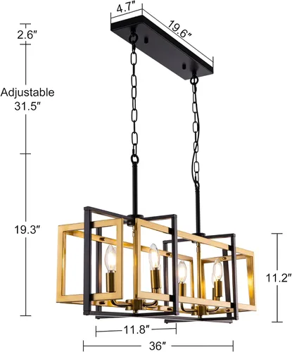Vista 2 de TOCHIC Lámpara rectangular de 8 luces para isla de cocina, color negro y dorado, moderna lámpara lineal de isla para cocina, isla de cocina