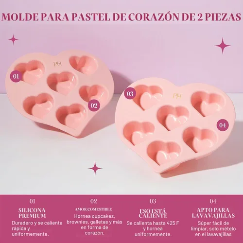 Vista 2 de Paris Hilton Molde de silicona con forma de corazón, molde antiadherente en forma de corazón, apto para horno para pasteles, brownies y postres, 6