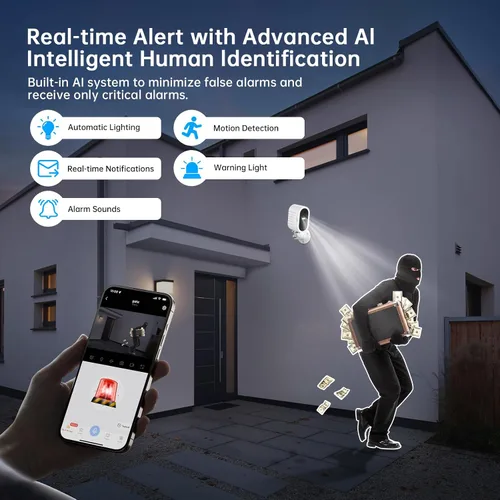 Vista 2 de Cámaras de seguridad Recmoment inalámbricas para exteriores, visión nocturna a color 2K, detección de movimiento de IA, foco, sirena, alarma, WiFi