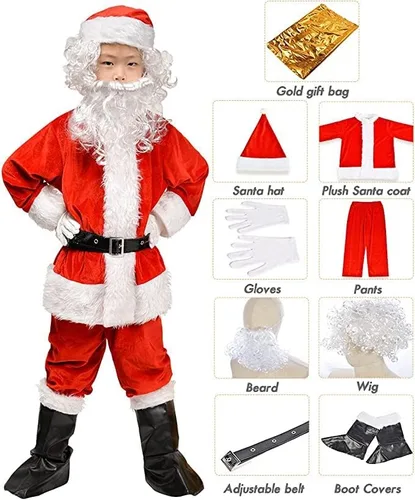 Vista 2 de Disfraz de Papá Noel para niños, 9 piezas, terciopelo de lujo, traje de Navidad para niños y niñas, vestido de fiesta de cosplay de Navidad