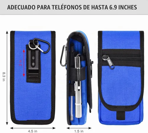 Vista 2 de Funda doble para teléfono, bolsa grande para teléfono inteligente, soporte para teléfono celular con cinturón para iPhone 16/15/14 Pro Max y Azul