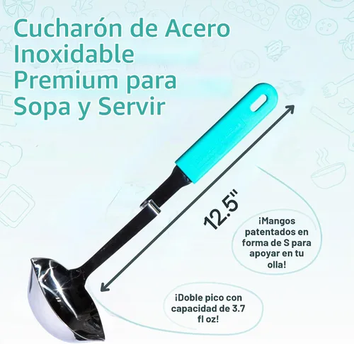 Vista 4 de Souper Cubes + Lori Greiner Cucharón de sopa sin desorden de acero inoxidable con mango de silicona - Cucharón de sopa de metal con diseño sin Agua