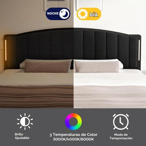 Vista 5 de Cabecero tapizado para cama matrimonial con luces, color negro Negro Terciopelo