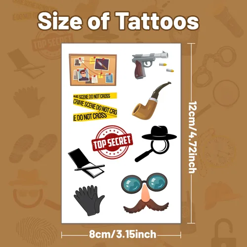 Vista 3 de 20 hojas de tatuajes temporales de detective espía de agente secreto, pistas de detective misterioso, recuerdos de fiesta, accesorios de decoración