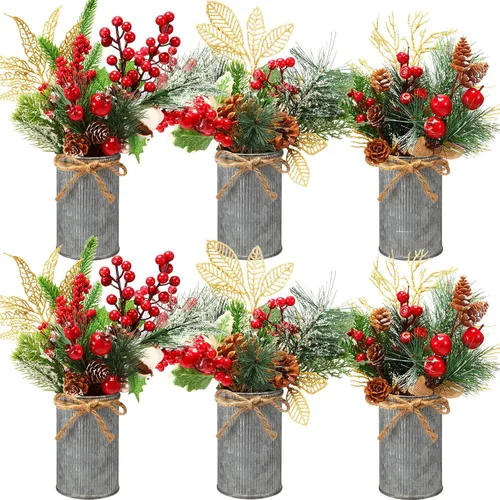 Vista 11 de Tioncy 6 Set Christmas Floral Table Centerpiece Bulk Bark Frosted Woodland Artificial Holly Red Berry Pine Cone Greenery Stems Picks Arrangement
